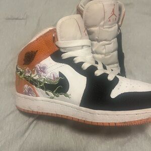 Nike Kids Sneakers - Black, White, Orange with Floral Design